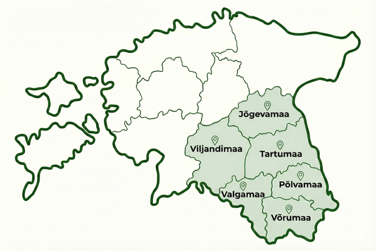 Kliimateenused OÜ tegevuspiirkonna kaart: Tartu, Võru, Valga, Põlva, Viljandi ja Jõgeva maakonnad.